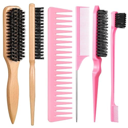 6 Pcs Boar Bristle Slick Back Hair Brush with Pink Edge Brush, Rat Tail Comb and Wide Tooth Comb for Women Men - Image 1