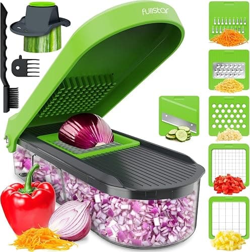 Fullstar Mandoline Slicer for Kitchen - Vegetable Chopper, Onion Potato Food Veggie Fruit Slicer and Cutter with Container, Kitchen Gadgets & Gifts, Home Essentials (6-in-1, Gray/Green) - Image 1
