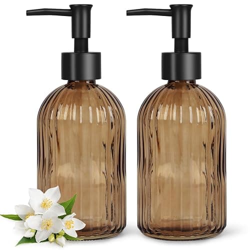 Topsky 2 Pack Glass Soap Dispenser with Black Plastic Pump, 400ml Liquid Hand Soap Dispenser, Rustproof Pump for Kitchen & Bathroom, Great for Lotions, Essential Oil, Liquid Soaps-Amber - Image 1
