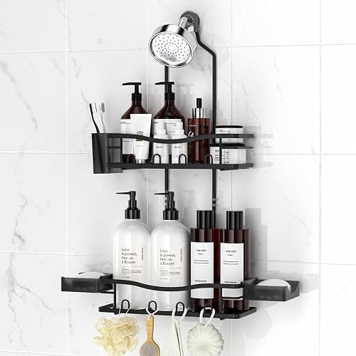 REINHARDT Shower Caddy Hanging, Rustproof Shower Caddy Anti-Swing Shower Organizer Over Showerhead No Drilling Shower Racks with Soap Holder Multi Hooks Bathroom Storage for Shampoo Sponge, Black - Image 1