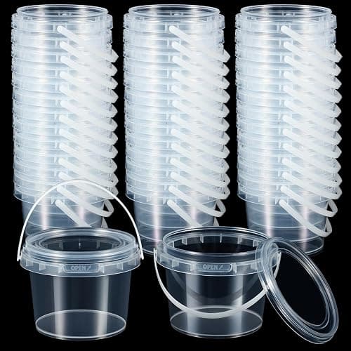 Maxcheck 100 Pcs Clear Containers Bulk with Lids and Handles Plastic Clear Storage Bucket Containers Mini Storage Case for Party DIY Art Craft Pigment Dough Cotton Candy Lotion Small Tools (10oz) - Image 1
