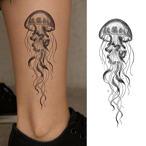 WEEKINK Jellyfish Temporary Tattoos for Women – 2-Piece Semi-Permanent Ocean Animal Tattoo Set, Realistic Black Line Waterproof Fake Tattoo for Leg, Arm, Spine & Stomach - Image 1
