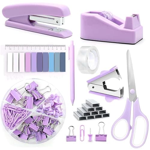 suniya Office Supplies,Desk Accessories,Tape Holder,Stapler,Scissor,Staple Remover,Box of Binder Clips,Staples,Ballpoint Pen,Lndex Tabs,Clear Tape,Office Supplies Set(Purple) - Image 1