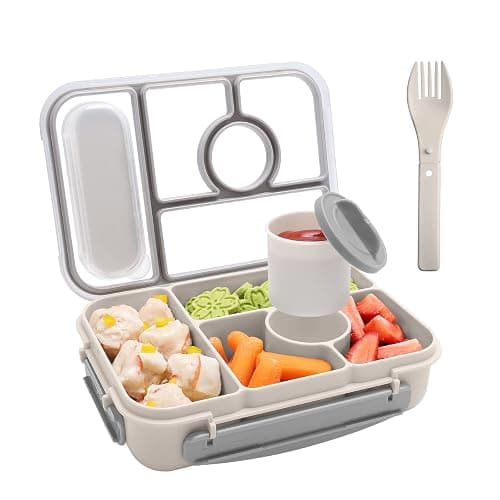Amathley Bento Box Adult Lunch Box Kids,Lunch Containers for Adults/Kids/Toddler,5 Compartments Bento Lunch Box with Sauce Vontainers,Microwave & Dishwasher & Freezer Safe,BPA-Free (White) - Image 1
