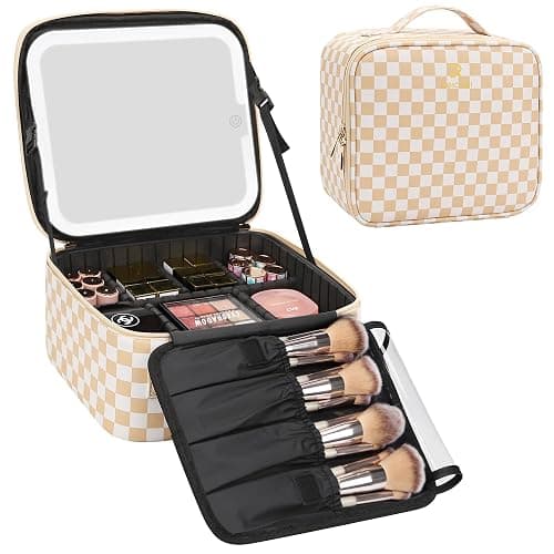 Relavel Travel Makeup Bag With LED Mirror, Cosmetic Train Case with Light up Mirror, Portable Makeup Artist Organizer Bag with Adjustable Dividers, Makeup Brush Holder Storage, Plaid - 01-Plaid - 1-Small - Image 1