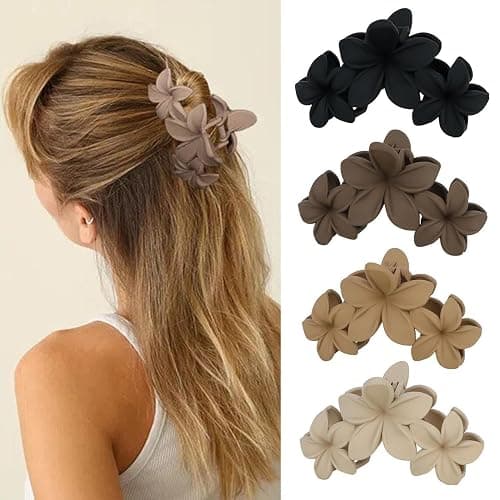4PCS Hawaiian Plumeria Flower Hair Clips - Large Hair Claw Clips for Women Thin Thick Curly Hair, Strong Hold Beach Hair Accessories,Neutral Colors - Image 1