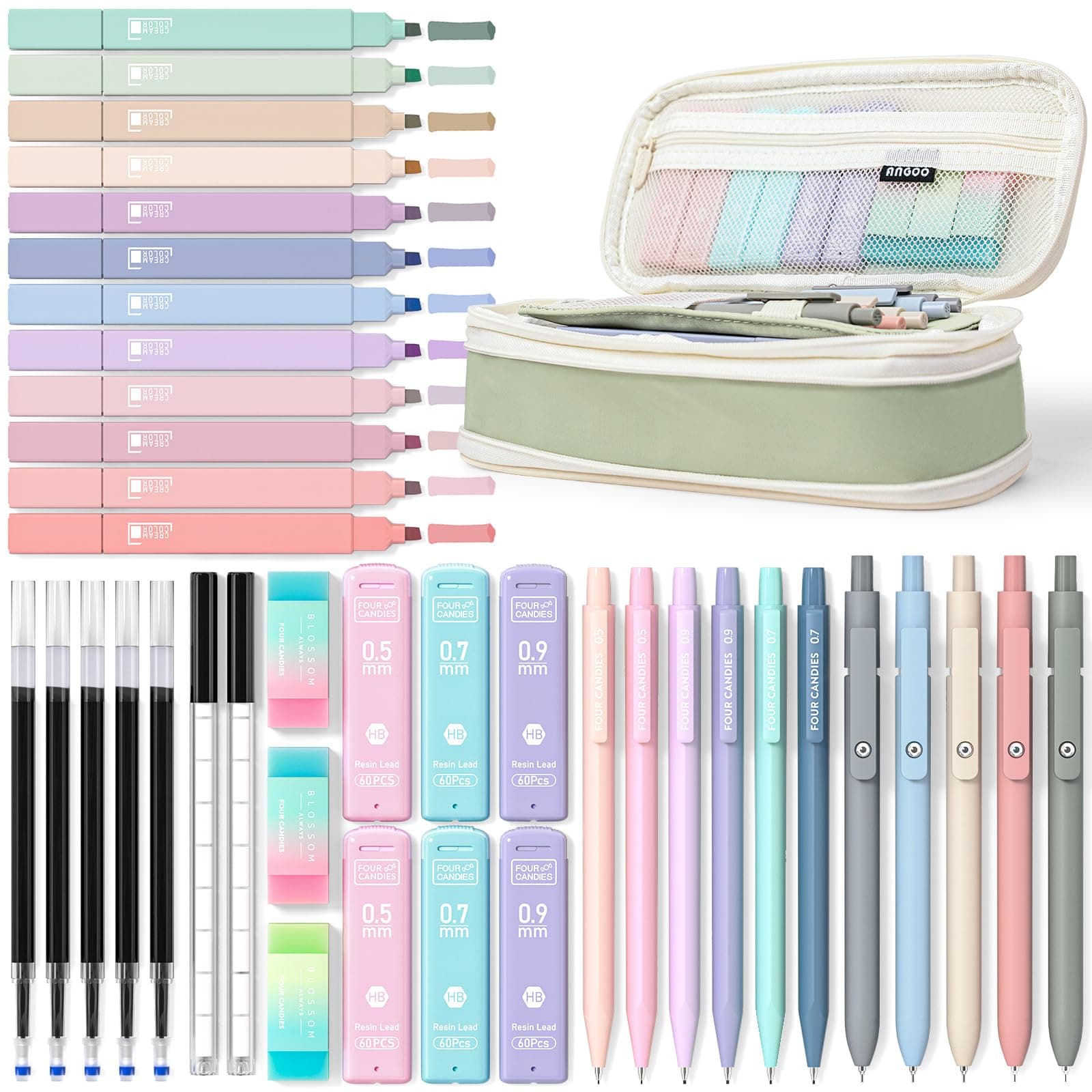 Four Candies 39 PCS Aesthetic Supplies with Cute Pen Case, 12 Pastel Highlighters, 5 Black Ink Gel Pens, 6 Mechanical Pencils Set 0.5 & 0.7mm for Stationary College Essentials (Green) - Image 1