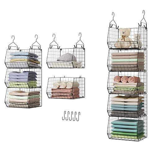 X-cosrack 5 Tier Closet Hanging Organizer, Clothes Hanging Shelves with 4 Hanging Hooks 5 S Hooks, Wire Storage Basket Bins, for Clothing Sweaters Shoes Handbags Clutches Accessories Patent Design - Image 1