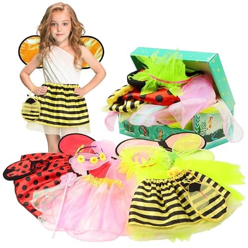 Toycost Girls Princess Dress up Trunk Ladybug, Bee, Butterfly, Green Fairy Role Play Costume Set for Little Girls Toddler Aged 3-7 - Image 1