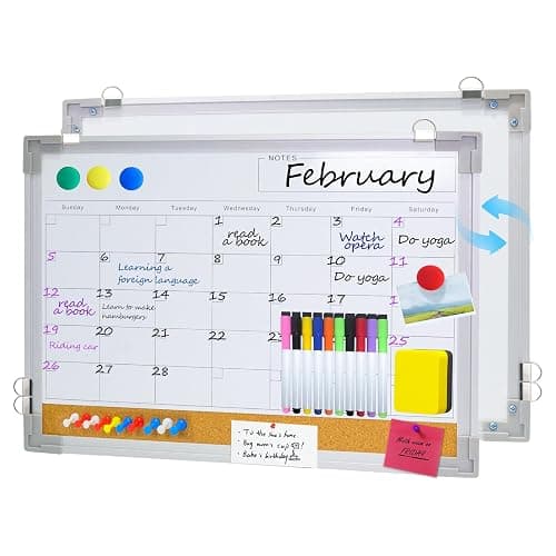 Double-Sided Dry Erase Cork Board Combo for Wall - 17''x13'' Magnetic Monthly Calendar Whiteboard & Bulletin Board, Portable Planning Board for Office, School, Home, Kitchen - Image 1