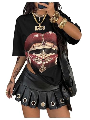 Verdusa Women's Y2k Lips Print Graphic T Shirts Rave Hip Hop Tees Streetwear Going Out Tops - Image 1