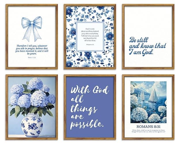BingruiArt Christian Wall Art Posters Bible Verse Canvas Scripture Blue Hydrangea Artwork Decor Religious Poster Modern Bow Pictures Prints for Office Living Room Bedroom 6 Pcs 12X16in Unframed - Image 1
