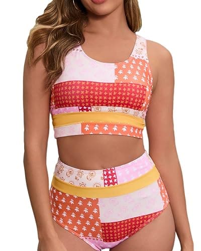 Dipinon Women's High Waisted Bikini Sets Two Piece Swimsuit Color Block Sporty Athletic Moderate Coverage Bathing Suits - Image 1