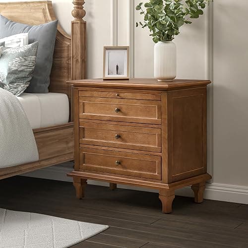 HULALA HOME Farmhouse 3 Drawer Nightstand with Tray, Drawer Organizer with Solid Wood Legs, Nightstand with Charging Station,Acorn - Image 1