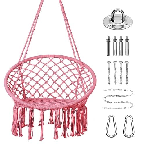 Goutime Hammock Chair, Macrame Hanging Swing Chairs with Hardware Kit,Adult Boho Swings for Outside,Patio,Balcony,Bedroom (Pink (Pillows are not Included)) - Image 1