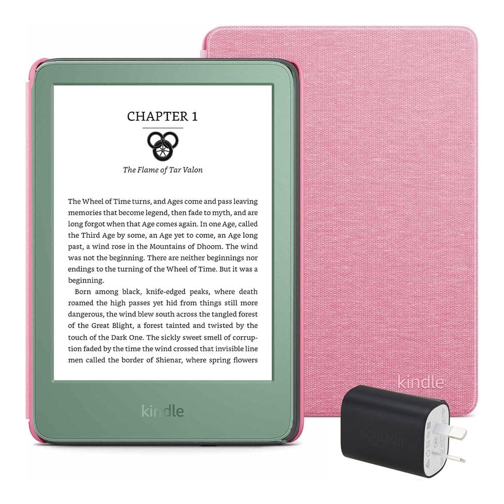 Kindle Essentials Bundle including Kindle (2024 release) - Matcha, Fabric Cover - Rose, and Power Adaptor - Image 1