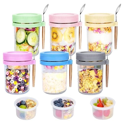 Vuinop 6 Pack Overnight Oats Containers with Lids, Spoons, Divided Compartments - 16 oz Glass Wide Mouth Mason jars, BPA-free, Leak Proof - Meal Prep Jars for Yogurt Parfait, Chia Pudding, Oatmeal - Image 1