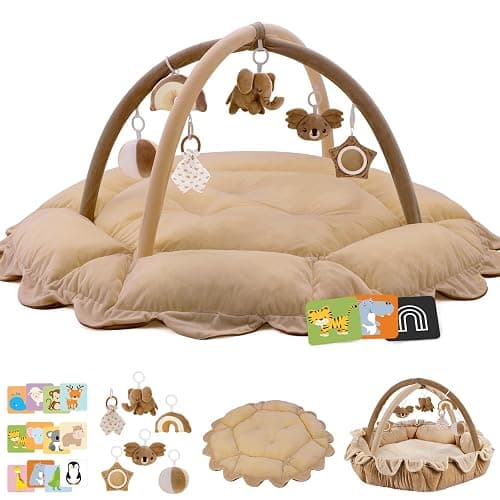 5-in-1 Baby Activity Gym & Play Mat with 6 Hanging Toys, Tummy Time Mat & Cards - Extra Large, Reversible Machine Washable Pad - Gift for Newborns, Infants 0-12 Months, Brown - Image 1