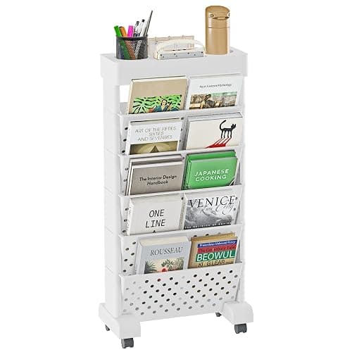 BYFU 6-Tier Movable Bookshelf Cart, Rolling File Paper Storage Organizer Mobile Bookcase with Wheels for Home Office Study Classroom, White - Image 1