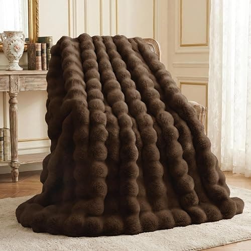 L'AGRATY Faux Rabbit Fur Blanket: 60" x 80" Twin Luxury Soft Fluffy Thick Fur Throw Blanket for Couch Bed Sofa - Cozy Plush Bubble Blankets for Winter: Flannel Fleece Decorative Blanket(Cocoa Brown) - Image 1