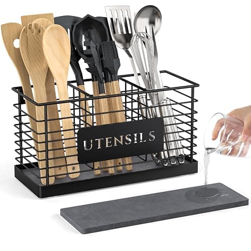 THYGIFTREE Utensil Holder for Kitchen Counter with Diatomaceous Earth Base, Large Black Metal Cooking Tool Organizer with 3 Compartments, Countertop Utensil Holder for Spatula and Kitchen Utensils - Image 1