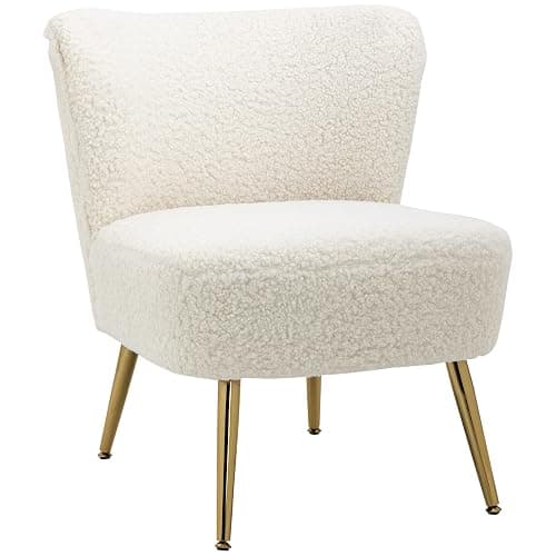 HOMCOM Armless Accent Chair for Bedroom, Upholstered Side Chairs for Living Room with Gold Steel Legs, Slipper Chair, White - White - Image 1