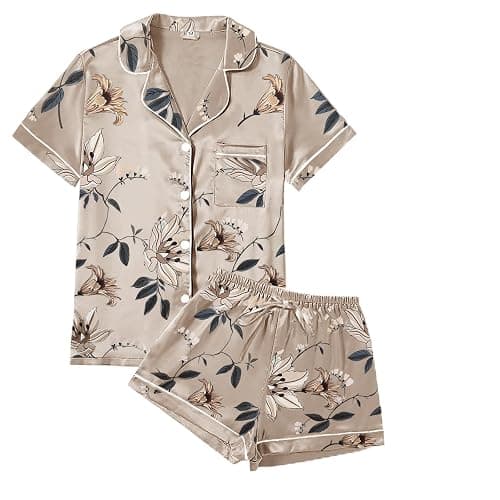 WJing Yi Jia 4Pcs Womens Satin Silky Pajama Sets Short Sleeve Shirt XS-4XL Floral Pajamas Set Soft PJ Loungewear Sleepwear - Image 1