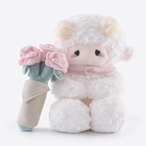 11.4" White Lamb Plush Stuffed Animal with Removable Bouquet of Pink Roses - Ultra Soft & Interactive Cuddly Toy Gift, A Surprise That Never Fades - Image 1