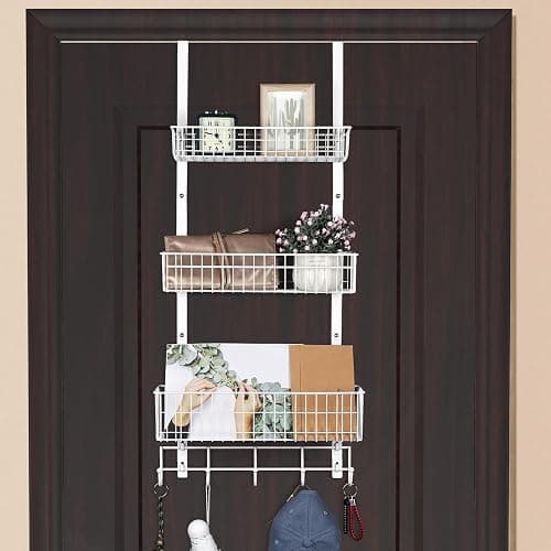 ETELI Over The Door Basket Organizer with 3 Mesh Baskets and 5 Hooks Heavy Duty Pantry Door Organizer Back of Door Storage Rack for Bathroom, Kitchen, Office, White - Image 1