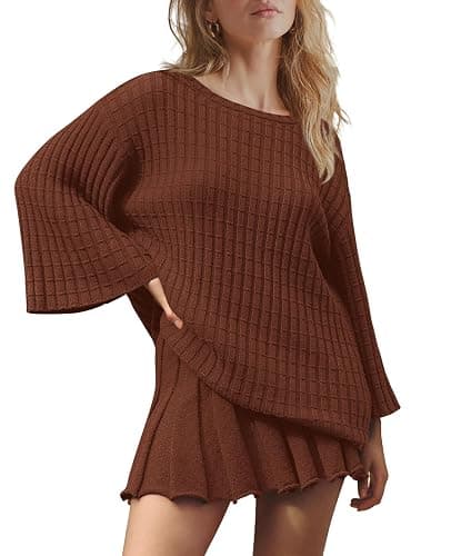 LAMISSCHE Womens Lounge Set Oversized 2 Piece Sweater Skirt Sets Long Sleeve Knit Top Pleated Skirts - Image 1