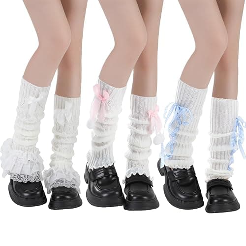 Jspupifip 3 Pairs Kawaii Leg Warmers for Women Lace Bow Slouch Legwarmer | Kawaii Lace Bow Leg Warmers, Soft Slouchy Knit, One Size Stretch Fit, for Lolita Fashion, Ballet Style, and Daily Wear - Image 1