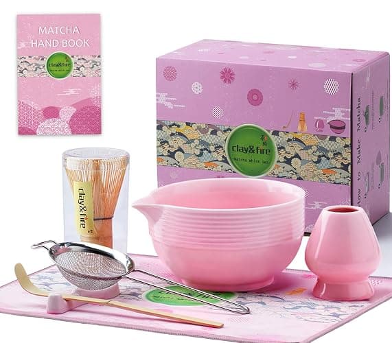 Clay&Fire Matcha Whisk Set, 9 pcs Ceramic Matcha Set, Gifts for Women,Matcha Bowl with Spout and Whisk, Matcha Kit for Matcha Lovers, Ideal Gift Christmas, Birthday, Anniversary(Pink) - Image 1