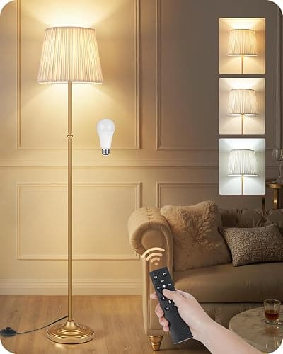 GOEBLESON Dimmable Floor Lamp for Living Room, 68" Tall Standing Lamp, Reading Light with Remote & Foot Pedal, 10W LED Bulb (3000K-6500K) Included, FCC Listed, Reinforced Base, Gold and White DW12LD05 - Image 1