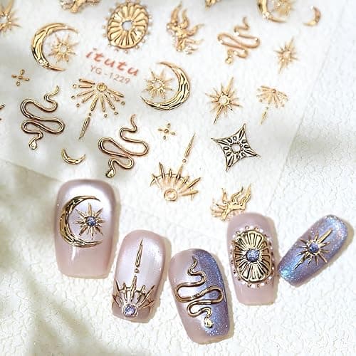 5D Embossed Gold Nail Art Stickers Star Nail Stickers for Nail Art Moon Star Nail Decals Snake Nail Design Gold Nails Supplies for Women Girls DIY Nails Decoration Accessories - Image 1
