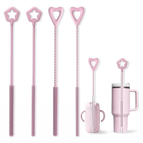 FreshNGo 4-Pack Silicone Straw Cleaner Brush for Tumbler, Pink | Reusable extra-long brushes (6mm/9mm) perfect for cleaning milkshake, metal, and glass straws - Image 1
