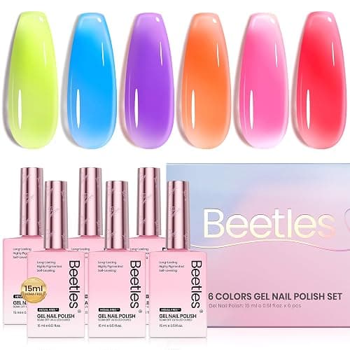 Beetles Jelly Gel Nail Polish Set, 6 Colors Hema Free Summer Neon Gel Polish Yellow Pink Red Blue Purple Orange 15ML Full Size Sheer Translucent Effect Soak Off UV Colorful Bottle Gel Gift for Women - Image 1