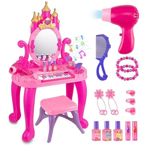 Vanity Makeup Table Toy with Adjustable Mirror, Comfortable Seat, Electronic Organ, Lights, and Music for Little Girls - Spark Imagination with Our Toddler Vanity Set - Image 1