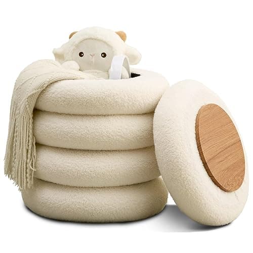 Wimarsbon Round Storage Ottoman, Modern Sherpa Footstool, Teddy Vanity Stool with Flip-Top Tray, Makeup Chair for Home Decor, Upholstered Footrest for Living Room & Bedroom (White S) - White S - Image 1