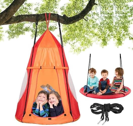 Costzon 2 in 1 Kids Detachable Hanging Chair Swing Tent Set, Hammock Nest Pod Hanging Swing Seat for Boys/Girls, Children Outdoor Indoor Swing Play House with Play Tent, Max Capacity 330 LBS (Orange) - Image 1