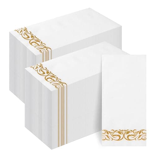 Goodluck 200-Pack Linen-Feel Disposable Guest Towels – Soft and Absorbent Paper Hand Towels for Bathroom or Kitchen – Elegant White Napkins with Gold Design for Parties, Weddings, Dinners Events - Image 1