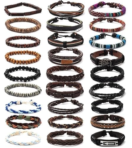 FIRAZIO 27Pcs Braided Leather Bracelets for Men Women Wrap Wood Beads Cuff Bracelet Hemp Cords Ethnic Tribal Handmade Wrap Wristband Bracelets Set Adjustable - Image 1