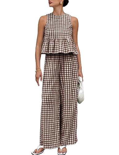 VATEAMI Womens 2 Piece Outfits Sets Gingham Plaid Sleeveless Ruffle Tank Tops and Wide Leg Pants Summer Matching Lounge Sets - Image 1
