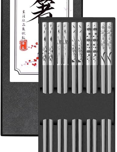TINMARDA Metal Chopsticks Reusable 5 Pairs 18/8 Stainless Steel Chopstick Beautiful Engraving Patterns Dishwasher Safe Non-Slip Japanese Korean Chop Sticks Present Set - Image 1