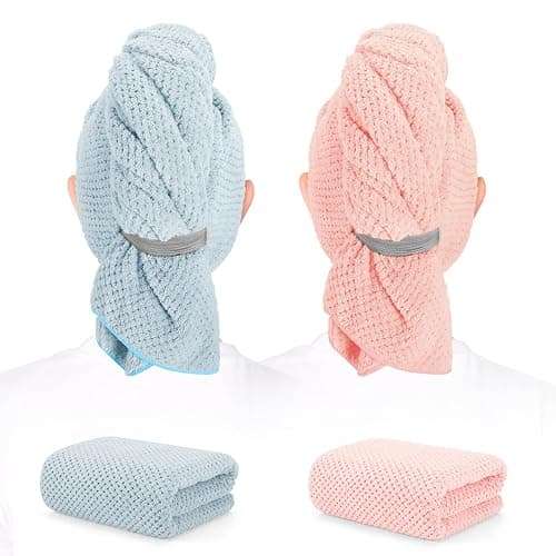 BEoffer 2 Pack Microfiber Hair Towel - 41 x 24 inches Super Soft, Absorbent, Fast Drying Without Frizz Hair Towel Wrap for Women Long, Thick, Curly Hair - Hair Turbans with Elastic Strap - Image 1