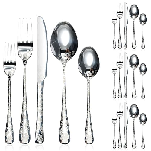 VAVPUP Edelstahlblumenmuster Besteck Set Elegant Blumenmuster Besteck Set glattes Muster Design Silber für Party oder Geschenk Set für Party oder Geschenk(silbrig) - Image 1