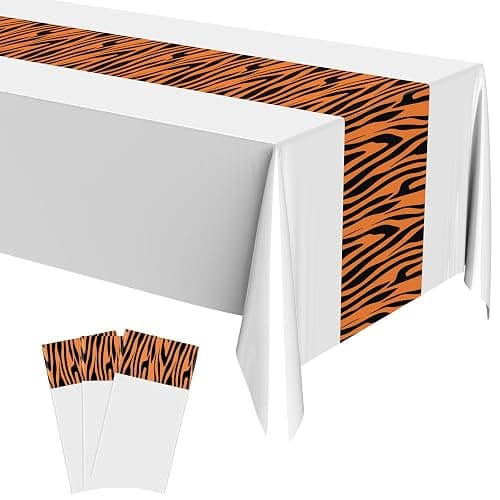 Buryeah 3 Pcs Tiger Print Tablecloth 54 x 108'' Tiger Plastic Table Cover Striped Disposable Safari Animal Zoo Jungle Print Party Decoration for Baby Shower Birthday Party Favors(White) - Image 1