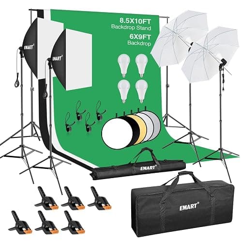 EMART 8.5 x 10 ft Backdrop Support System, Professional Photography Lighting Kit with 50W LED Blub, Reflector, Backdrop *3, Umbrellas&Softbox Lighting Kit for Studio, Portrait and Video Shooting - Image 1