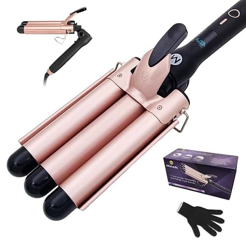 Mistcado 3 Barrel Curling Iron, 1 Inch Ceramic Tourmaline Hair Waver Wand with LCD Temperature Display, Fast Heating Foldable Crimpers for Travel Glove Included (Gold) - Image 1