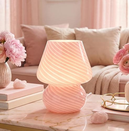 ULAROOM Dorm USB Plug-in Mushroom Lamp Small Bedside Table Lamp with 3 Temperature LED Bulb, Free Dimming Nights Light for Bedroom/Living Room/Entryway/Corner/Table Decor (Stripe Pink) - Image 1