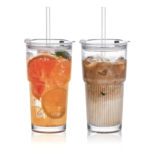 20oz Glass Tumblers with Lids and Straws, Set of 2 - Stylish Ribbed Design Drinking Glasses for Iced Coffee Cups, Juice, Smoothies, Cold Beverages, Includes Cleaning Brush, Durable Glassware - Image 1